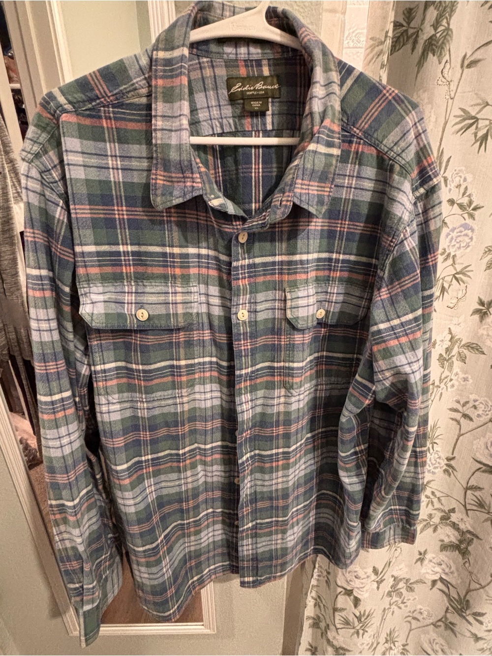 Eddie Bauer Men’s Green/Blue/Pink Plaid Button Up Shirt